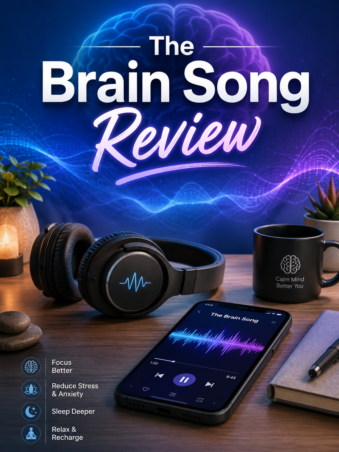 The Brain Song Review hero image with headphones, phone audio waves, and blue purple brainwave background